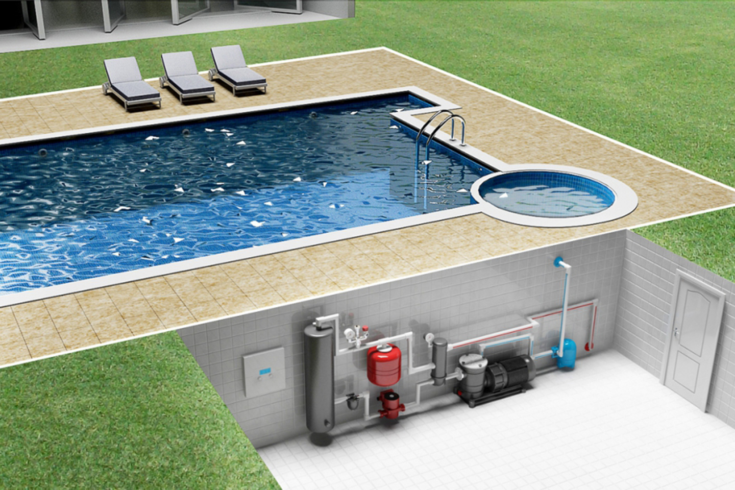 Система подогрева воды. Проект бетонного бассейна 3х5. Система фильтрации скиммерного бассейна. Приямок для оборудования бассейна. Теплонасос для бассейна.